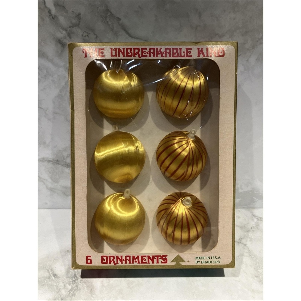 Lot of 6 Bradford Unbreakable Plastic Satin Ball Christmas Ornaments Gold Vtg